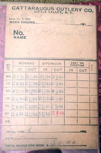 Cattaraugus Cutlery CO Little Valley NY Time Punch Card