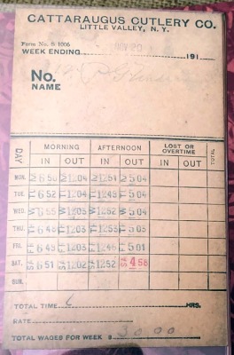 Cattaraugus Cutlery CO Little Valley NY Time Punch Card