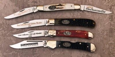 Four Case Life Member Collectors Club Knives, 1996-1999, Muskrat, Barehead Trapper, Copperhead and Copperlock