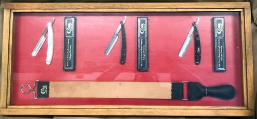 W.R. Case & Sons Cutlery Razor Display with Three Case Razors and a Case Strop