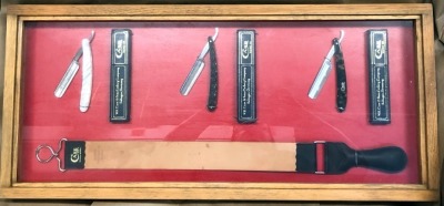 W.R. Case & Sons Cutlery Razor Display with Three Case Razors and a Case Strop