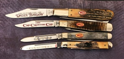 Four Case Collectors Club, 1987 Slimline English Jack, 1988 Stag Daddy Barlow, 1989 English Jack, and a 1990 Stag Slimline English Jack