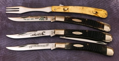 Three Case Collectors Club Bone Banana Trappers, 1981 Single blade, 1982 Two blade and 1983 Hobo