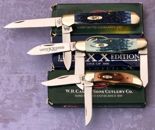 Three Bone Case, Wharncliffe Copperhead, Tiny Folding Hunter, and a Humpback Stockman