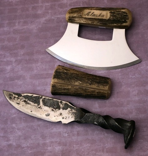 Railroad Spike Knife and Alaskan Ula with Stand