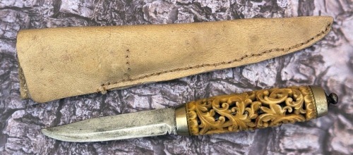 Open worked Floral Carved Bone Fixed Blade