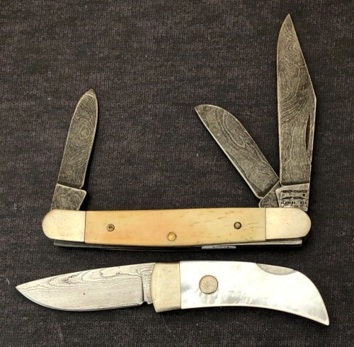 Pair of Damascus Folders, Parker Edwards, and Boker