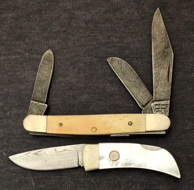 Pair of Damascus Folders, Parker Edwards, and Boker