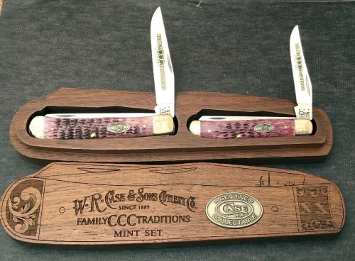 Case Family Traditions Mint Purple Bone Trapper Set in Trapper Shaped Wood Box
