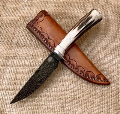 Mike Sanders Damascus Stag Drop Point
