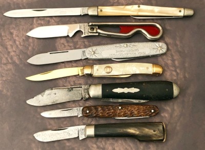 7 Various Folder; Schrade Walden, Schrade Cut Co, Ulster, Imperial, GEO Schrade, and Hammer Brand