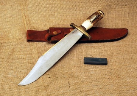 Randall Stag Bowie with Brown Button Heiser sheath.