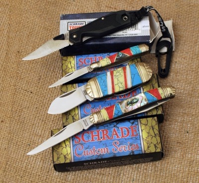 Schrade quartert including three turqouise handled customs.