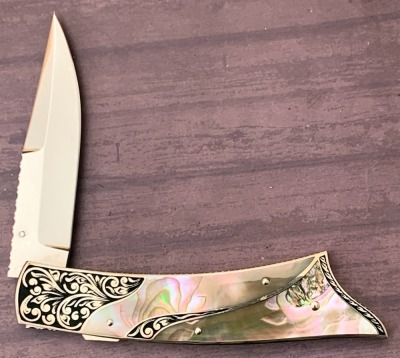 Harvey McBurnettte Engraved Abalone Lockback - 2