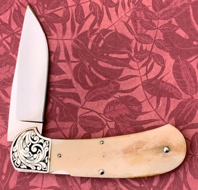 Harvey McBurnettte Engraved Bone Lockback - 2