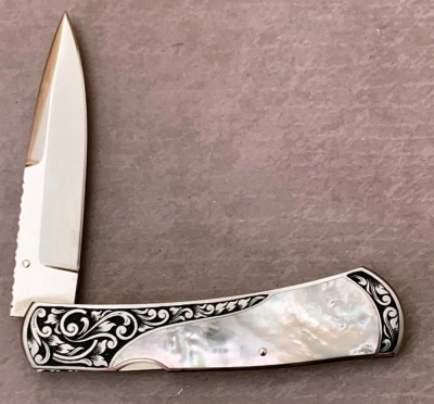 Harvey McBurnettte Engraved Pearl Lockback - 2