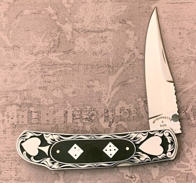 Harvey McBurnette & Son Engraved "Gambler" Lockback